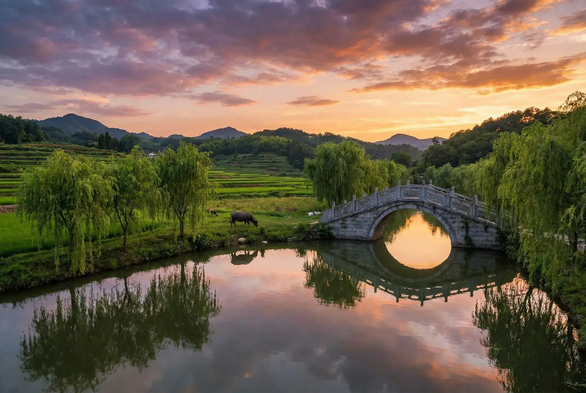 夕阳下的石拱桥与垂柳，水牛在河边吃草 - picopark怎么联机 乡村美景